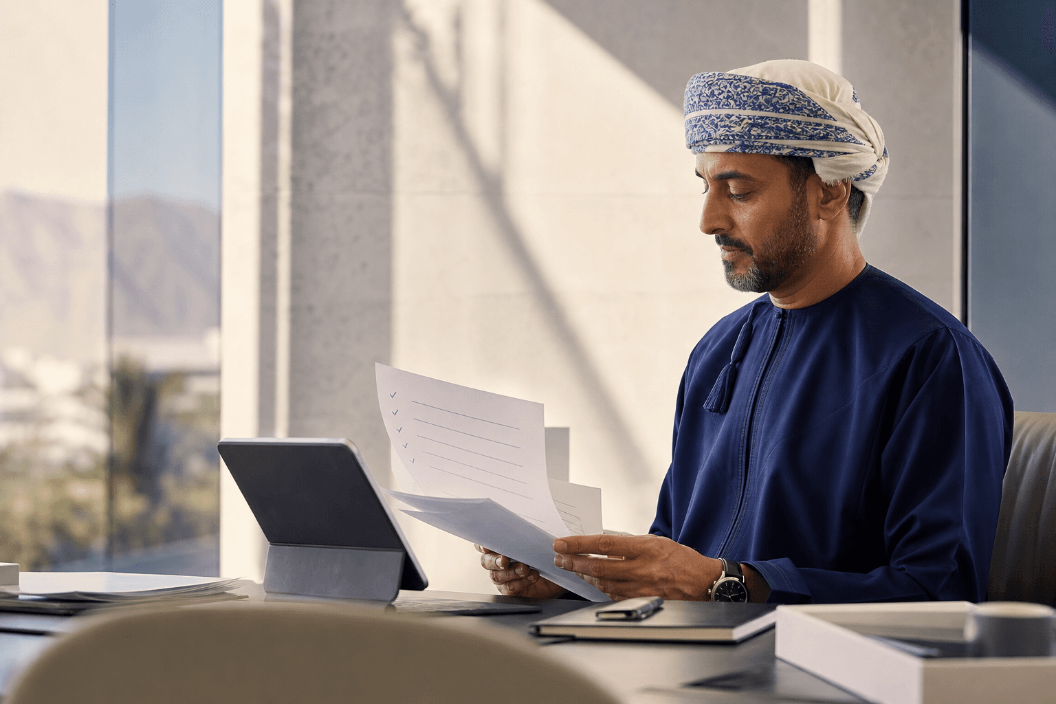 An Omani people leader reviewing structured appraisal records in a Muscat office